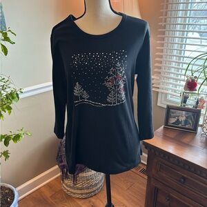Women’s~ Chic Black Long Sleeve Top with Festive Design! 🎄